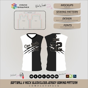 Puede incluir: Un patrón de costura para camiseta de sóftbol sin mangas con cuello en V, diseño dividido en blanco y negro y gráficos de zarpazos. El frente muestra el texto Cisco Sports y el número 32, mientras que la espalda muestra NAME y el número 32.