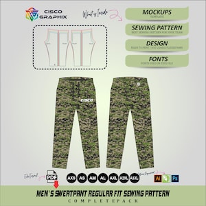 May include: A digital sewing pattern for regular fit sweatpants featuring a camouflage print in shades of green, brown, and black. The design includes front and back views, the text CISCO, and labels for mockups, sewing patterns, and fonts.