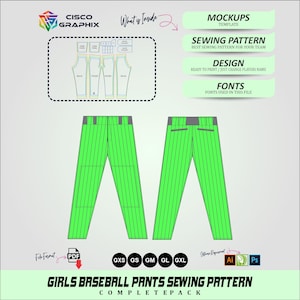 May include: A digital illustration of a girls' baseball pants sewing pattern. The design includes a front and back view of the pants in bright green with vertical stripes. The image also shows a pattern layout and text that reads "Girls Baseball Pants Sewing Pattern Complete Pack."