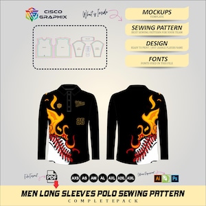 May include: A digital sewing pattern for a long-sleeve polo shirt featuring a black base with orange and yellow flame graphics and a baseball design. Includes front and back views, technical schematics, and labels for mockups, design, and fonts.