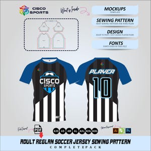Pode incluir: Um molde de costura para camisa de futebol raglan para adultos com design de listras pretas e brancas e mangas azuis. A frente exibe o logotipo da Cisco Sports, enquanto as costas mostram o texto Player e o número 10. Inclui mockups e fontes.
