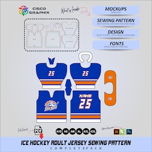 May include: A digital sewing pattern for an adult ice hockey jersey in blue, orange, and white. The layout includes front and back panels with the number 25, sleeves, and collar pieces. Text includes CISCO GRAPHIX, SOLAR BEARS, and NAME.