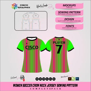 Op de afbeelding: Een digitaal naaipatroon voor een shirt met ronde hals en een verticaal gestreept ontwerp in limoengroen en magenta. De voorkant toont de tekst CISCO, terwijl de achterkant de tekst PLAYER en het nummer 7 bevat. Inclusief mockups en sjablonen.