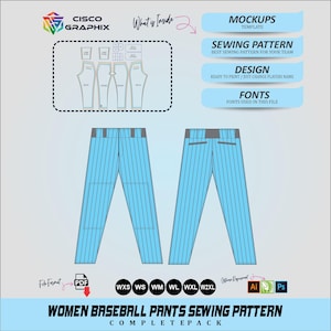 May include: A digital sewing pattern for baseball trousers featuring a light blue pinstripe design. The layout includes front and back panel templates, size options from WXS to W2XL, and file format indicators for PDF, Adobe Illustrator, and Photoshop.