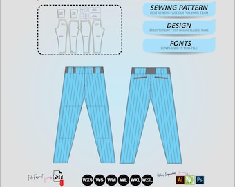 Puede incluir: Un patrón de costura digital para pantalones de béisbol con un diseño de rayas finas en azul claro. El diseño incluye plantillas de paneles delanteros y traseros, tallas de WXS a W2XL e indicadores de formato de archivo PDF, Illustrator y Photoshop.