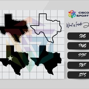 Puede incluir: Un diseño gráfico con cuatro contornos diferentes del estado de Texas en negro. La imagen incluye el logotipo de Cisco Sports y el texto "What is Inside" con opciones de tipo de archivo: SVG, PNG, PDF, DXF y EPS.