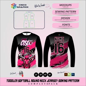 Molde em PDF para costura de camisa de softball infantil com gola redonda | Uniforme esportivo de manga comprida | Pacote completo