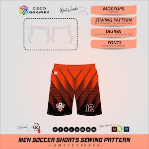 Men’s soccer shorts sewing pattern with orange-black gradient, stripe design, elastic waistband, number print, includes XS–4XL sizes and PDF mockup files.