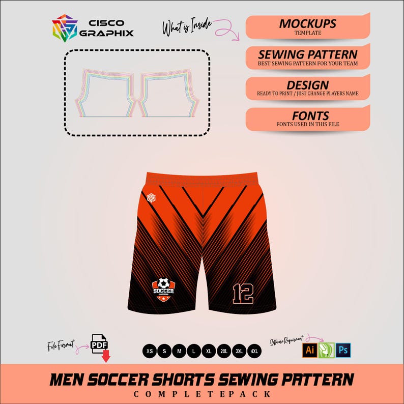 Men’s soccer shorts sewing pattern with orange-black gradient, stripe design, elastic waistband, number print, includes XS–4XL sizes and PDF mockup files.