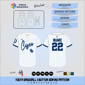 Cartamodello per maglia da baseball per ragazzi, modello PDF a 2 bottoni, mockup e design fai-da-te.