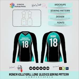 May include: A digital sewing pattern for a long-sleeve volleyball jersey featuring a black and teal gradient design. The front displays the text Cisco Sports and the number 18, while the back shows the word Name and the number 18. Includes mockups, sewing patterns, design files, and fonts.