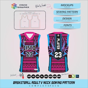 May include: A digital sewing pattern for a basketball jersey featuring a V-neck design. The jersey displays a vibrant pink, blue, and black geometric pattern with the text CISCO and number 23 on the front, and PLAYER and 23 on the back. Includes size options.