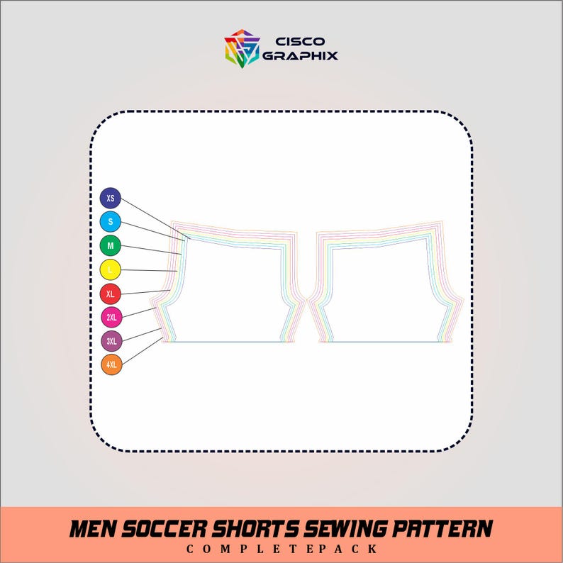 May include: A white soccer shorts sewing pattern with size indicators XS to 4XL. The pattern includes multi-colored size lines and the text "MEN SOCCER SHORTS SEWING PATTERN COMPLETEPACK" in a red banner. The Cisco Graphix logo is in the top right corner.