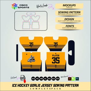 Op de afbeelding: Een naaipatroon voor een ijshockey goalie jersey, compleet pakket. Het ontwerp bevat gele en zwarte jersey-onderdelen met het nummer 35, het woord "PLAYER" en de teamnaam "THUNDER". De afbeelding toont ook het bestandsformaat als PDF.