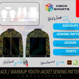 May include: A digital mockup of a youth track jacket sewing pattern. The jacket design features a camouflage pattern on the upper portion and a solid black lower section. The image includes size options, file format, software requirements, and the Cisco Sports logo.