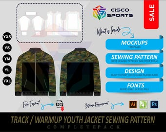 Puede incluir: Maqueta digital de un patrón de costura de chaqueta deportiva juvenil. El diseño de la chaqueta presenta un patrón de camuflaje en la parte superior y una sección inferior negra lisa. La imagen incluye opciones de tamaño, formato de archivo, requisitos de software y el logotipo de Cisco Sports.