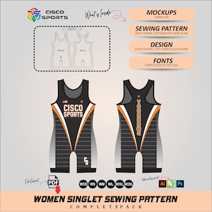 May include: A black and orange women's singlet sewing pattern with the text "CISCO SPORTS" and "YOURNAME". The design includes a front and back view, along with size options. The image also includes the text "WOMEN SINGLET SEWING PATTERN COMPLETEPACK".