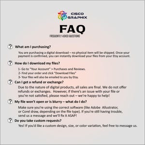 May include: A digital FAQ document from Cisco Graphix, featuring a logo with a colorful geometric design. The document answers questions about digital downloads, including how to download files, refunds, and custom requests.