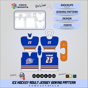 May include: A blue, orange, and white ice hockey adult jersey sewing pattern. The image shows jersey mockups, a sewing pattern, and font details. The jersey design includes the text "Solar Bears" and the number "25".