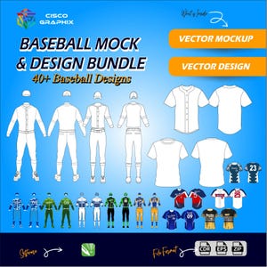 May include: A blue graphic with the text "BASEBALL MOCK & DESIGN BUNDLE" and "40+ Baseball Designs." The image includes baseball uniform mockups, vector designs, and various baseball jersey designs. The image also includes file format icons.