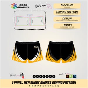 May include: A digital sewing pattern for 2-panel rugby shorts featuring a black, white, and yellow graphic design. The layout includes front and back panel templates, size options from XS to 3XL, and file format icons for PDF, Adobe Illustrator, and Photoshop.