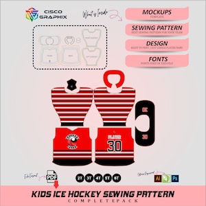 Op de afbeelding: Een digitaal naaipatroon voor een ijshockeytrui voor kinderen met rode, zwarte en witte horizontale strepen. Het ontwerp bevat voor- en achterpanden, mouwen en kraagstukken, met het Orlando Waves logo en het rugnummer 30 duidelijk weergegeven.