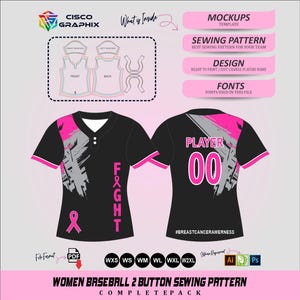 Cartamodello per maglia da baseball da donna, uniforme sportiva a 2 bottoni, sensibilizzazione sul cancro al seno