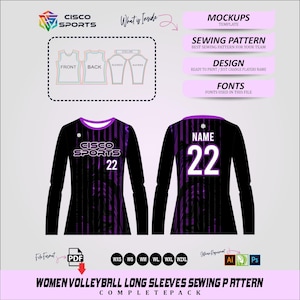 Patrón de costura para camiseta de voleibol femenino • Plantilla PDF de manga larga • Paquete de diseño de sublimación