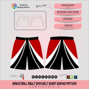 Mönster för korta basketshorts med öppet bälte för vuxna i PDF-format | Digitalt mönster för sportbyxor | Komplett paket