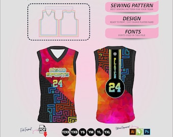 Patrón de costura de camiseta juvenil de baloncesto con cuello en V (PDF) / Uniforme deportivo digital