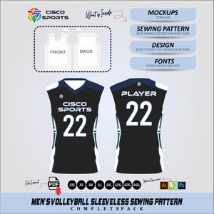 Molde para camisa de vôlei masculina sem mangas • Modelo para cortar e costurar • Molde em PDF para sublimação