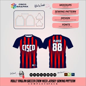 Puede incluir: Un diseño digital para un patrón de costura de camiseta de fútbol raglán para adultos. El diseño presenta una camiseta a rayas azul marino y roja con la palabra "CISCO" en la parte delantera y "PLAYER 88" en la parte trasera. Incluye maquetas, patrón de costura, diseño y fuentes.