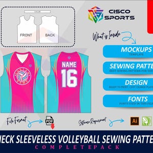 Pode incluir: Diagrama para um padrão de costura de camisa de voleibol sem mangas com decote em V. O design apresenta um esquema de cores rosa e verde-azulado com um gráfico de voleibol. Inclui maquetes, padrões de costura, modelos de design e informações de fontes.
