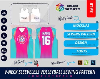 V-Neck Volleyball Jersey Sewing Pattern | Sleeveless Sportswear Template | PDF Design, Fonts & Mockups (XS-3XL)