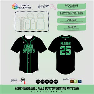 May include: A digital sewing pattern for a youth baseball jersey featuring a black design with green trim and text. The front displays CISCO SPORTS, while the back shows PLAYER 25. Includes mockups, sewing pattern panels, design files, and font information.