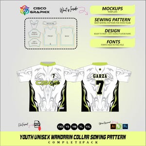 May include: A digital sewing pattern for a youth mandarin collar sports jersey featuring a white, black, and lime green tribal graphic print. The design includes front and back views with the number 7 and the name GARZA, plus pattern pieces.