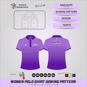 Puede incluir: Un patrón de costura digital para un polo en tonos morados, que muestra vistas frontal y trasera con rayas horizontales, cuello y tapeta de botones. El diseño incluye diagramas técnicos y etiquetas de texto para maquetas, patrones y diseños.