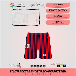 Mönster för fotbollsshorts för ungdomar – Digital PDF + mockupmallar – DIY-mönster för sportkläder
