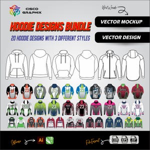 Puede incluir: Un paquete de 20 diseños de sudaderas con capucha en tres estilos diferentes. Los diseños presentan varios colores y patrones, incluyendo rayas, formas geométricas y diseños abstractos. Los diseños están disponibles en formato vectorial y se pueden utilizar para impresión, bordado u otros proyectos creativos.