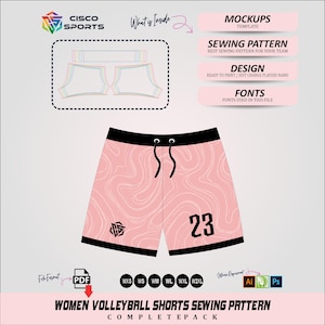 Puede incluir: Pantalones cortos de voleibol rosas para mujer con cintura y ribetes negros, con un patrón de remolino y el número 23. La imagen incluye un patrón de costura, elementos de diseño y el texto "WOMEN VOLLEYBALL SHORTS SEWING PATTERN COMPLETE PACK."