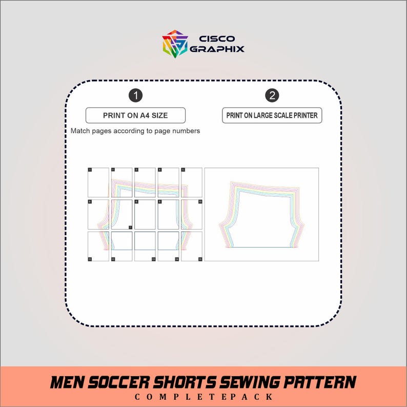 May include: A white graphic with instructions for printing a men's soccer shorts sewing pattern. The image includes a diagram of the pattern pieces and text that reads "Print on A4 size" and "Print on large scale printer."