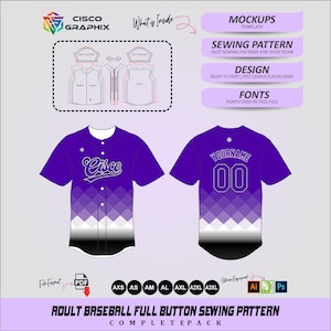 May include: A purple baseball jersey design with a diamond pattern, the word "Cisco" in white script, and the text "YOURNAME" and the number "00" on the back. The image includes a sewing pattern diagram and text that says "ADULT BASEBALL FULL BUTTON SEWING PATTERN COMPLETEPACK".