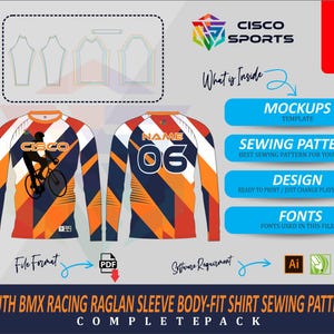 May include: A youth BMX racing raglan sleeve body-fit shirt sewing pattern complete pack. The design features orange, navy, and white colors. The front of the shirt has a cyclist graphic. Includes mockups, sewing pattern, design, and fonts.