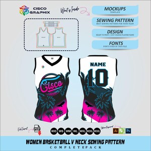 Mönster för dambaskettröja med V-ringning i PDF-format | Ärmlös sportuniform | Komplett paket