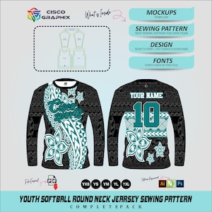 Pode incluir: Um modelo digital para uma camisola de softball de gola redonda para jovens com um padrão floral de inspiração polinésia em preto e azul-petróleo. O design inclui vistas frontal e traseira, o texto Cisco Sports, Your Name e o número 10, com ícones PDF, Ai e Ps.