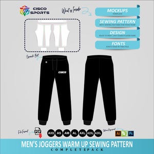 Może przedstawiać: Czarny wzór szycia dresów z tekstem "CISCO" i "MEN'S JOGGERS WARM UP SEWING PATTERN COMPLETEPACK". Obraz zawiera makiety, wzór szycia, projekt i czcionki. Wzór jest dostępny w różnych rozmiarach.