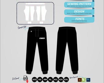 Puede incluir: Patrón de costura de joggers negros con el texto "CISCO" y "MEN'S JOGGERS WARM UP SEWING PATTERN COMPLETEPACK". La imagen incluye una maqueta, un patrón de costura, un diseño y fuentes. El patrón está disponible en varias tallas.