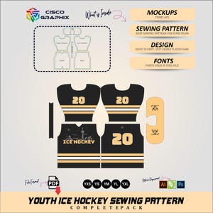 Op de afbeelding: Een digitaal naaipatroon voor een ijshockeytrui voor jongeren in zwart, wit en beige. De lay-out bevat voor- en achterpanden met het nummer 20, mouwen en een schouderstuk. Tekst bevat CISCO GRAPHIX, ICE HOCKEY, MOCKUPS, SEWING PATTERN, DESIGN, FONTS.