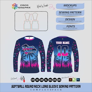 Softball Long Sleeve Jersey Sewing Pattern PDF with Mockup XS-3XL