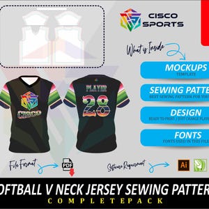 Softball V Neck Jersey Sewing Pattern | Sports Uniform Mockup Template | Printable Design PDF | Sizes XS to 3XL | Instant Download